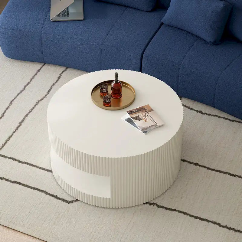 Double Layer Round Coffee Table Modern Center Table Vertical Striped Coffee Table with Storage Space, for Living Room