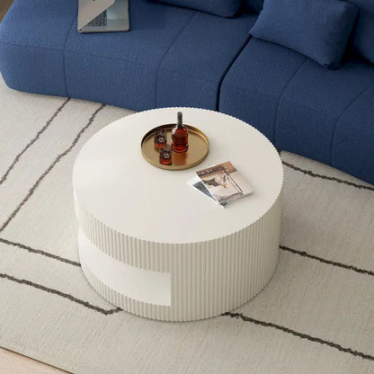 Double Layer Round Coffee Table Modern Center Table Vertical Striped Coffee Table with Storage Space, for Living Room