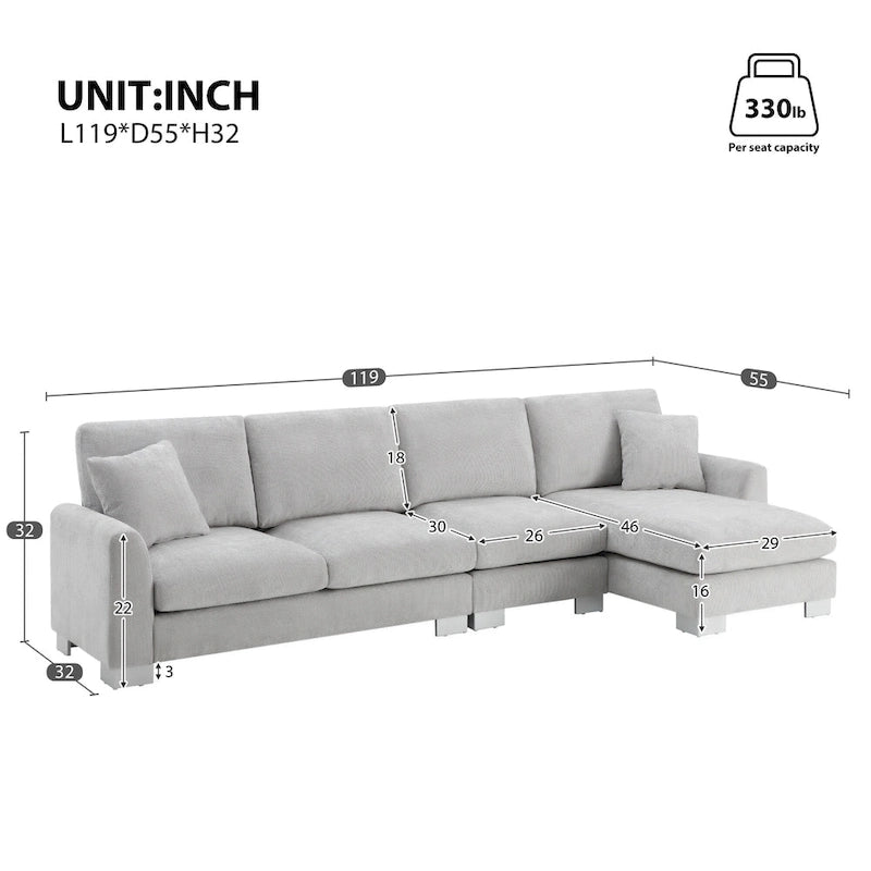 119  Chenille L-Shaped Sectional Sofa with Chaise Lounge and 2 Pillows