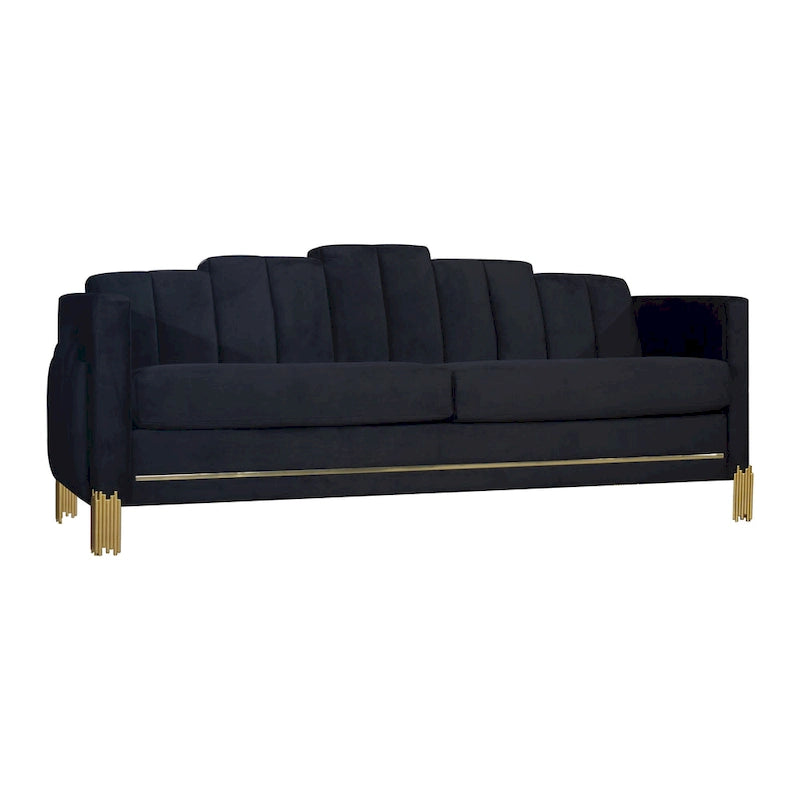 Theo Sofa, Black Velvet, Blue LED Lights, Gold Metal Legs, 83 Inch