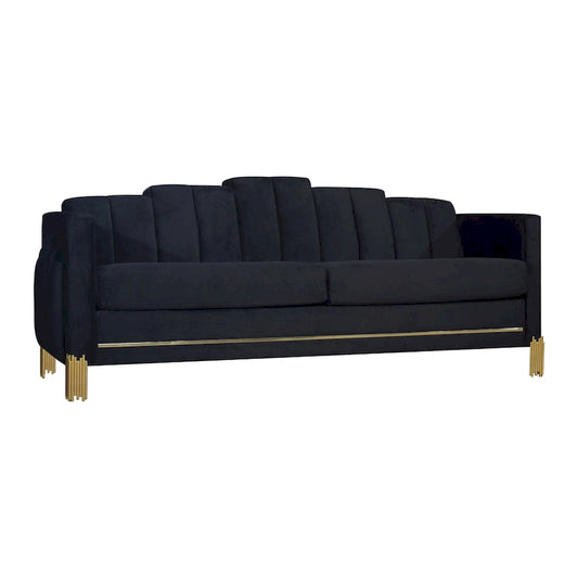Theo Sofa, Black Velvet, Blue LED Lights, Gold Metal Legs, 83 Inch