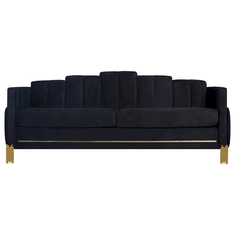 Theo Sofa, Black Velvet, Blue LED Lights, Gold Metal Legs, 83 Inch