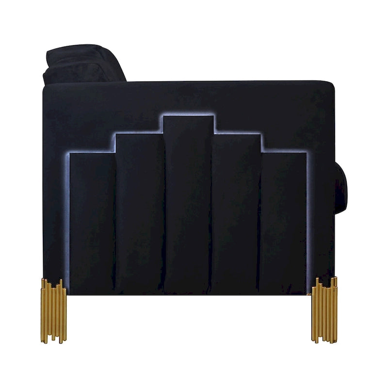 Theo Sofa, Black Velvet, Blue LED Lights, Gold Metal Legs, 83 Inch