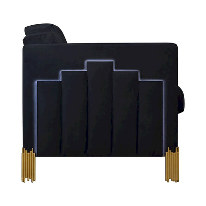 Theo Sofa, Black Velvet, Blue LED Lights, Gold Metal Legs, 83 Inch