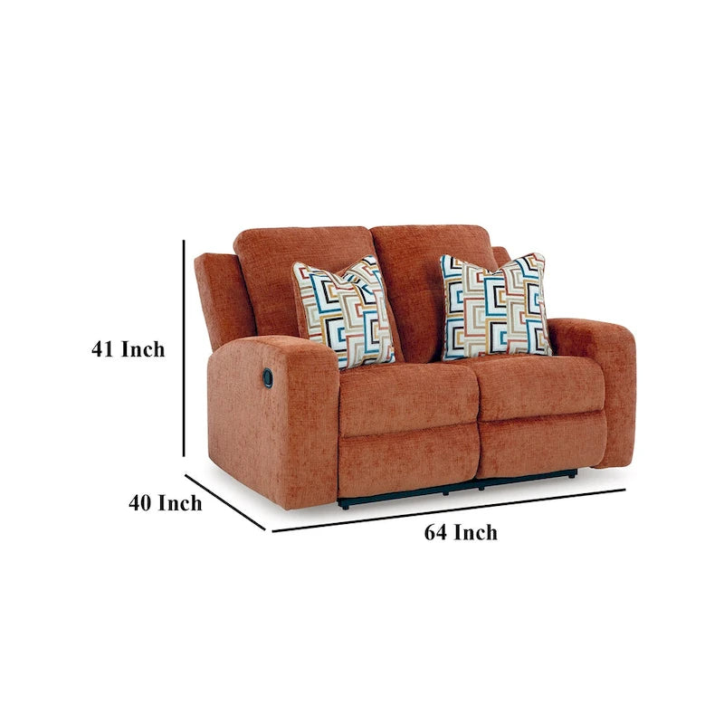 Genna Manual Recliner Loveseat, Orange Polyester, 2 Pillow 64 Inch
