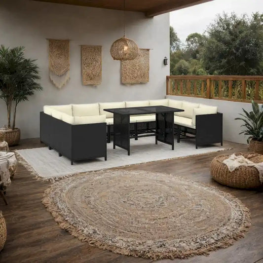 10pc Outdoor Sofa Set, White Cushions, 9 Modular Chairs, Table, Black