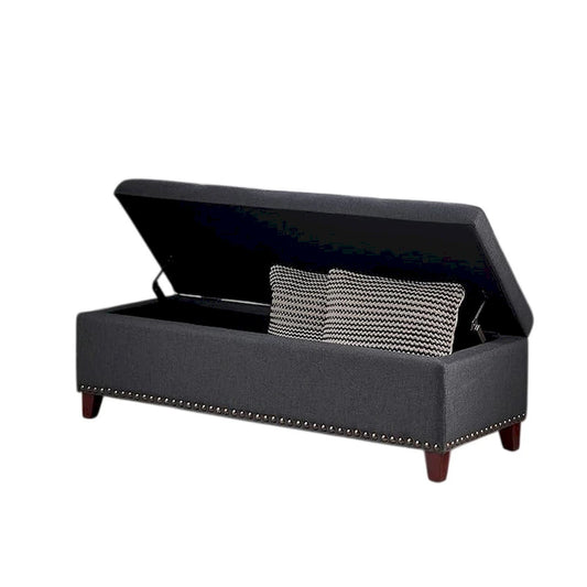 Nancy Storage Ottoman Bench, 51 Inch Dark Gray Fabric,BrassNailhead Trim