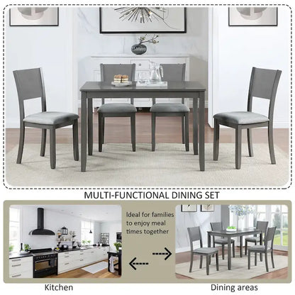 5 Pcs Kitchen Dining Table and Chair Set, Rectangular Wooden Dining Table with 4 Upholstered High Back Chairs and 1 Bench