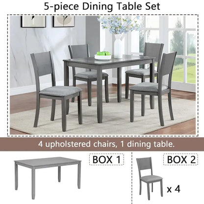 5 Pcs Kitchen Dining Table and Chair Set, Rectangular Wooden Dining Table with 4 Upholstered High Back Chairs and 1 Bench