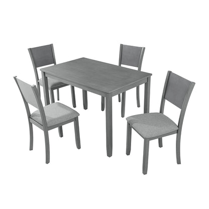 5 Pcs Kitchen Dining Table and Chair Set, Rectangular Wooden Dining Table with 4 Upholstered High Back Chairs and 1 Bench