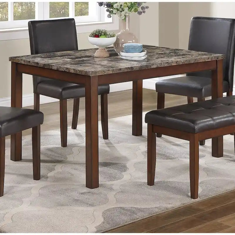 5 Piece Dining Table Set, Kitchen Dinette Set with Faux Marble Top Table, Bench and 3 Faux Leather Cushioned Chairs