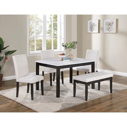 5 Piece Dining Table Set, Kitchen Dinette Set with Faux Marble Top Table, Bench and 3 Faux Leather Cushioned Chairs