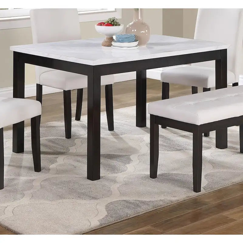 5 Piece Dining Table Set, Kitchen Dinette Set with Faux Marble Top Table, Bench and 3 Faux Leather Cushioned Chairs