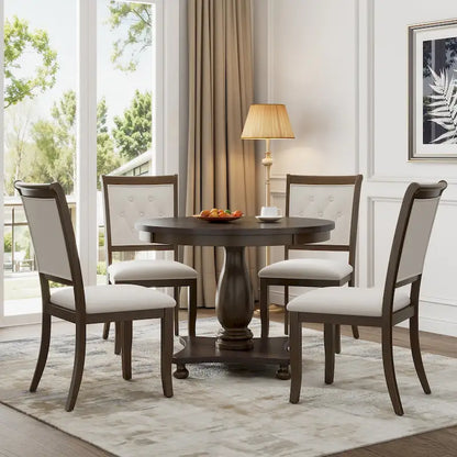 5 Piece Dining Table Set, Solid Wood Kitchen Dining Room Table Set with Round Dining Table and 4 Upholstered Chairs