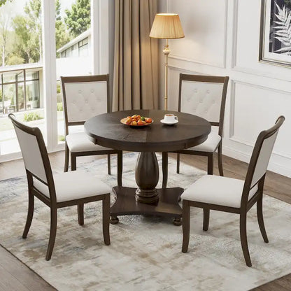 5 Piece Dining Table Set, Solid Wood Kitchen Dining Room Table Set with Round Dining Table and 4 Upholstered Chairs