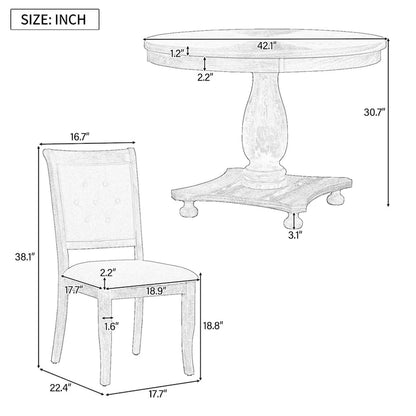 5 Piece Dining Table Set, Solid Wood Kitchen Dining Room Table Set with Round Dining Table and 4 Upholstered Chairs