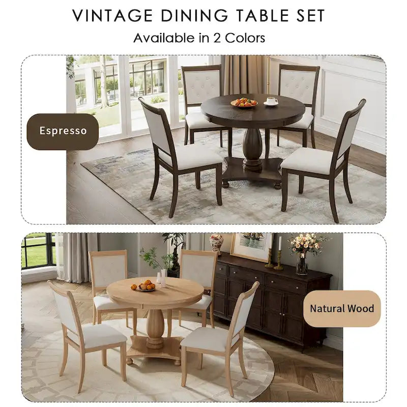 5 Piece Dining Table Set, Solid Wood Kitchen Dining Room Table Set with Round Dining Table and 4 Upholstered Chairs