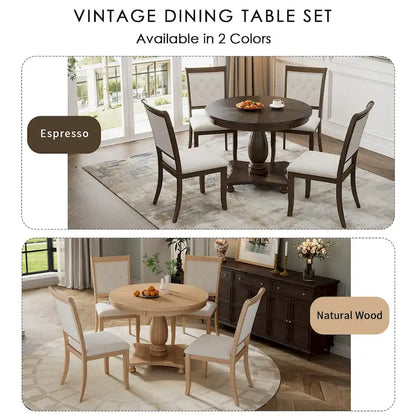 5 Piece Dining Table Set, Solid Wood Kitchen Dining Room Table Set with Round Dining Table and 4 Upholstered Chairs