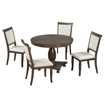 5 Piece Dining Table Set, Solid Wood Kitchen Dining Room Table Set with Round Dining Table and 4 Upholstered Chairs