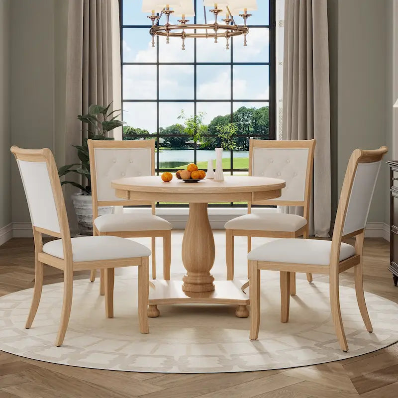 5 Piece Dining Table Set, Solid Wood Kitchen Dining Room Table Set with Round Dining Table and 4 Upholstered Chairs