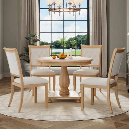 5 Piece Dining Table Set, Solid Wood Kitchen Dining Room Table Set with Round Dining Table and 4 Upholstered Chairs