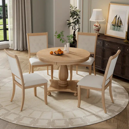 5 Piece Dining Table Set, Solid Wood Kitchen Dining Room Table Set with Round Dining Table and 4 Upholstered Chairs