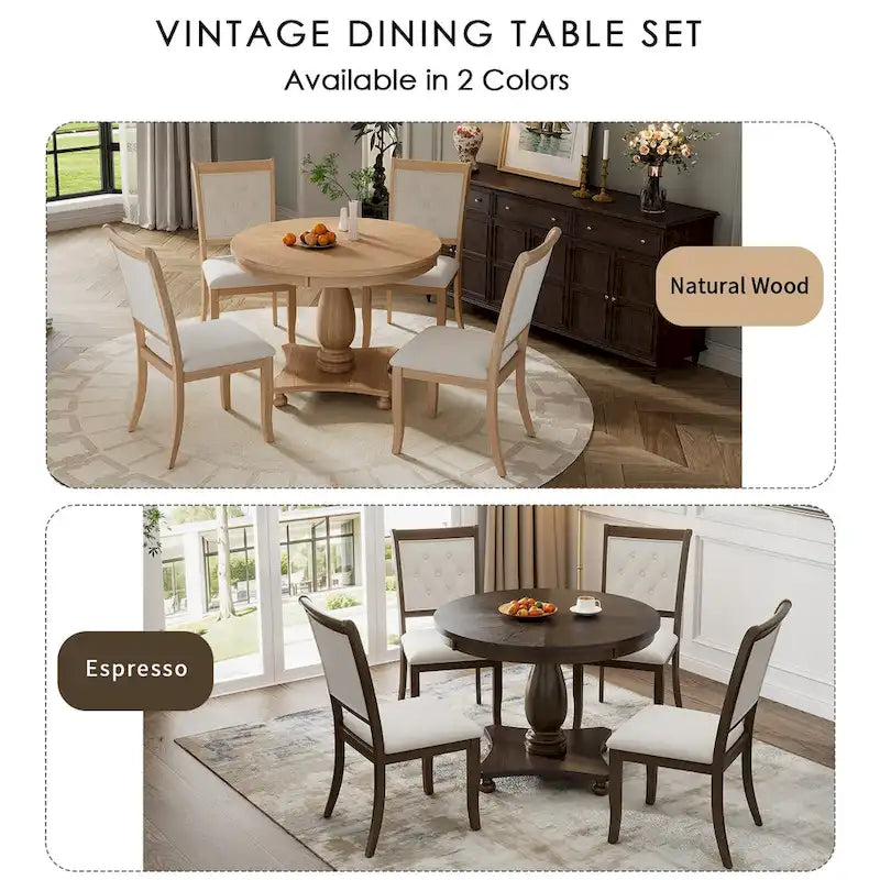 5 Piece Dining Table Set, Solid Wood Kitchen Dining Room Table Set with Round Dining Table and 4 Upholstered Chairs