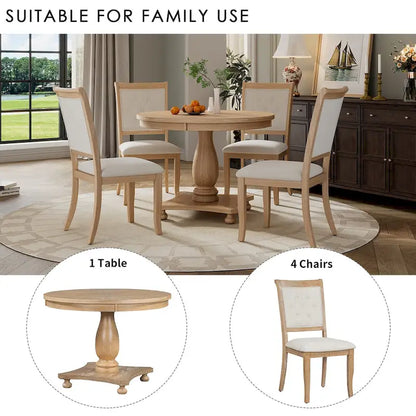 5 Piece Dining Table Set, Solid Wood Kitchen Dining Room Table Set with Round Dining Table and 4 Upholstered Chairs