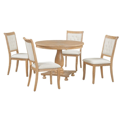 5 Piece Dining Table Set, Solid Wood Kitchen Dining Room Table Set with Round Dining Table and 4 Upholstered Chairs