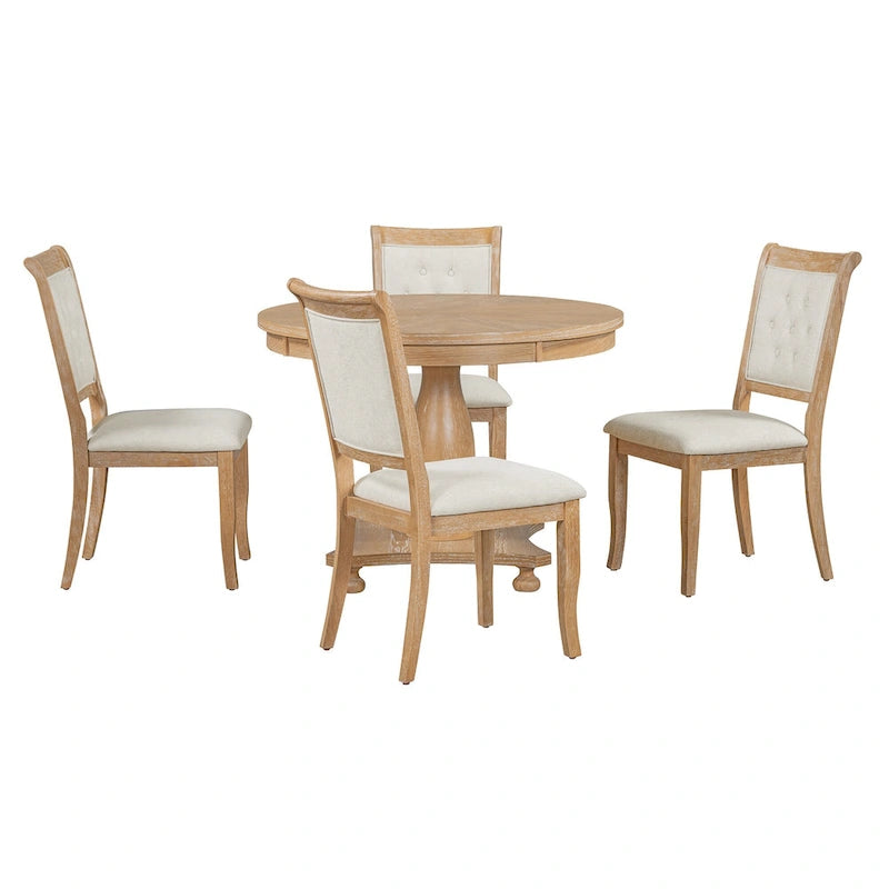 5 Piece Dining Table Set, Solid Wood Kitchen Dining Room Table Set with Round Dining Table and 4 Upholstered Chairs