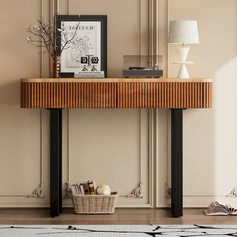 Modern Solid Wood Entryway Console Table with Fluted Design & Storage