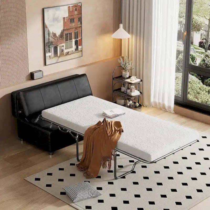 Roomfitters Twin Size Folding Ottoman Sleeper Bed with Mattress, Compact Convertible Guest Bed for Living Room