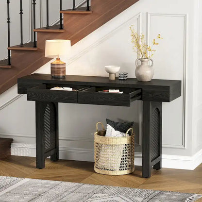 Narrow Console Table with Rattan Accent(Antique Black)