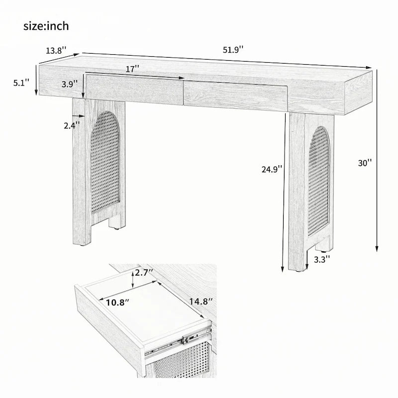 Narrow Console Table with Rattan Accent(Antique Black)