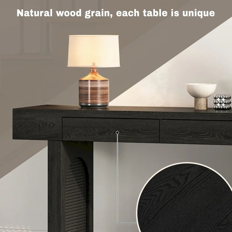 Narrow Console Table with Rattan Accent(Antique Black)