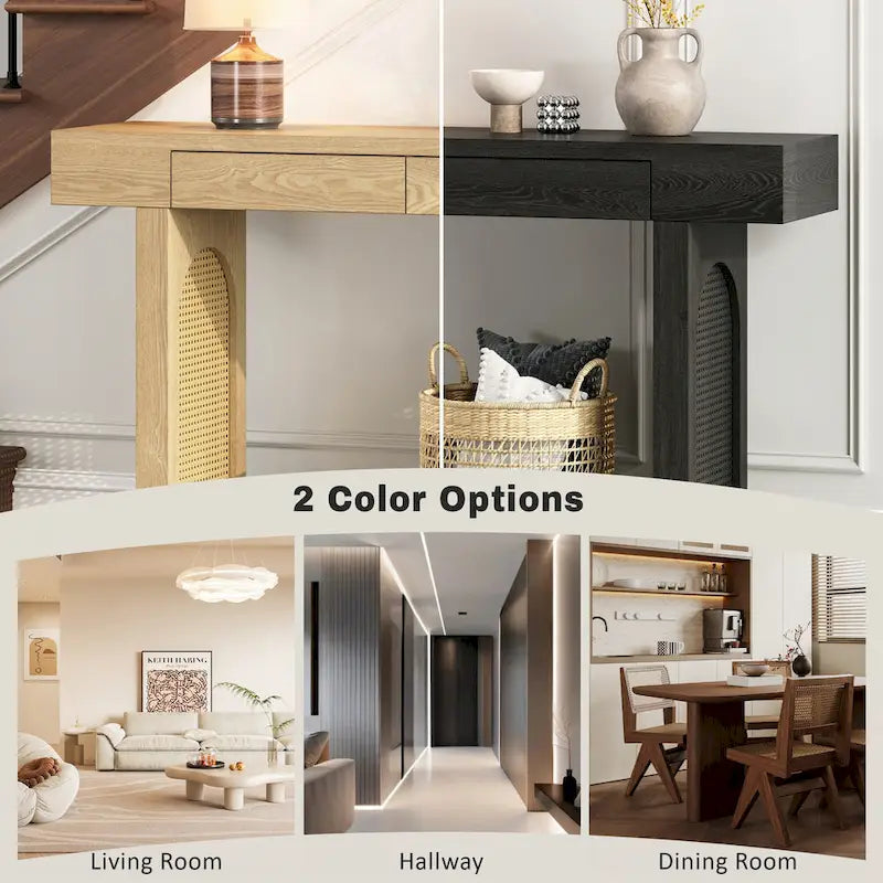 Narrow Console Table with Rattan Accent(Antique Black)