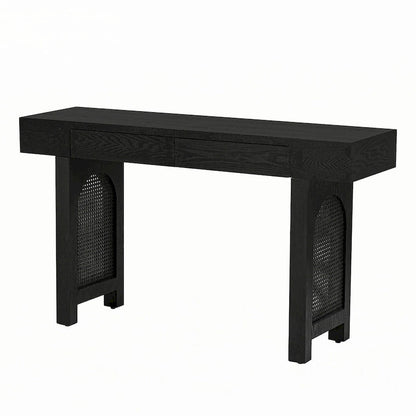 Narrow Console Table with Rattan Accent(Antique Black)