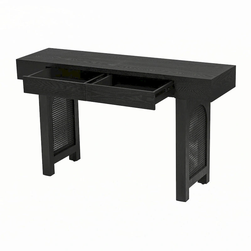 Narrow Console Table with Rattan Accent(Antique Black)