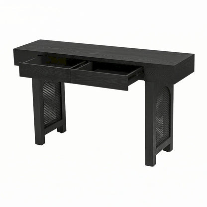 Narrow Console Table with Rattan Accent(Antique Black)