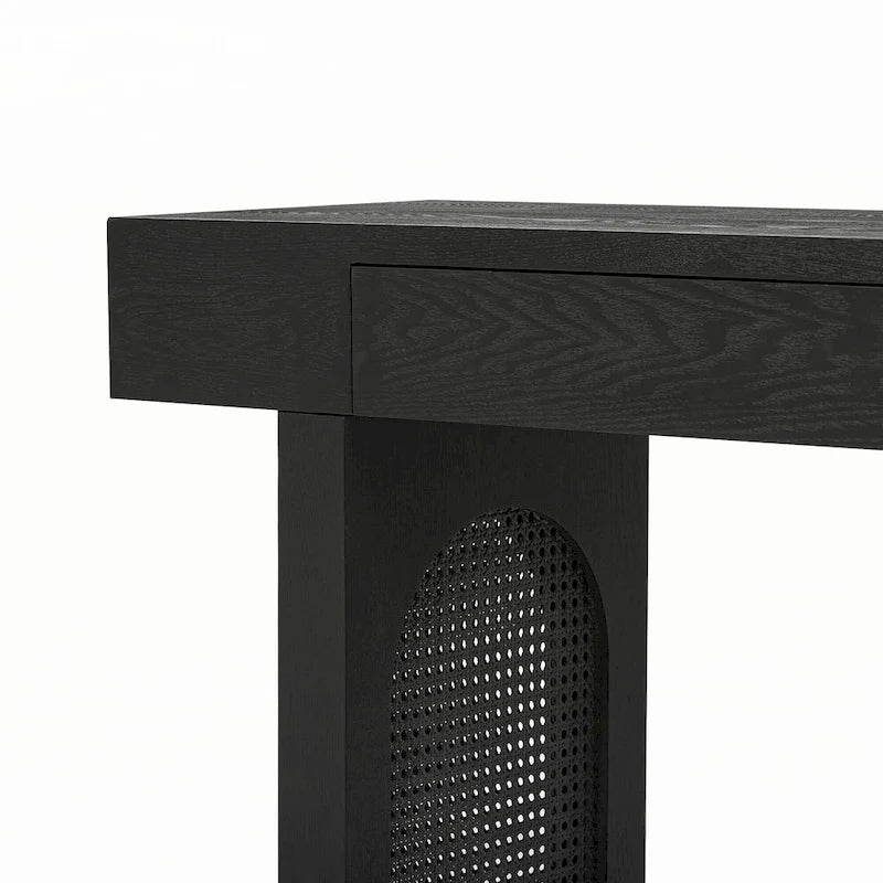 Narrow Console Table with Rattan Accent(Antique Black)