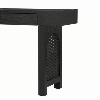 Narrow Console Table with Rattan Accent(Antique Black)