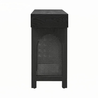 Narrow Console Table with Rattan Accent(Antique Black)