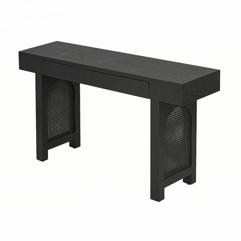 Narrow Console Table with Rattan Accent(Antique Black)