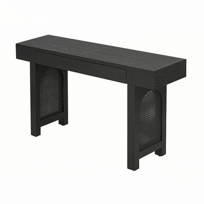 Narrow Console Table with Rattan Accent(Antique Black)