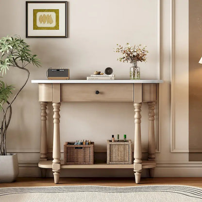 Retro Narrow Console Table with Curved Corner, Top Drawer & Open Shelf