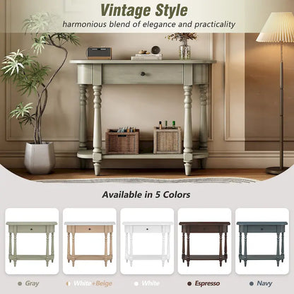 Retro Narrow Console Table with Curved Corner, Top Drawer & Open Shelf