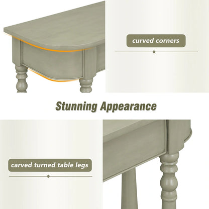 Retro Narrow Console Table with Curved Corner, Top Drawer & Open Shelf