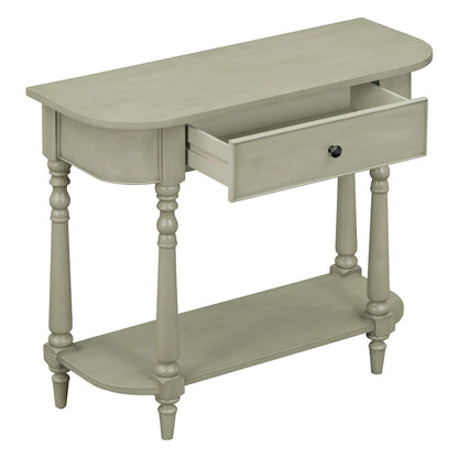 Retro Narrow Console Table with Curved Corner, Top Drawer & Open Shelf