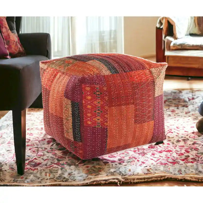 24  Square Red Pouf Ottoman with Cotton Blend Upholstery and Modern Patchwork Design Great for Footrest