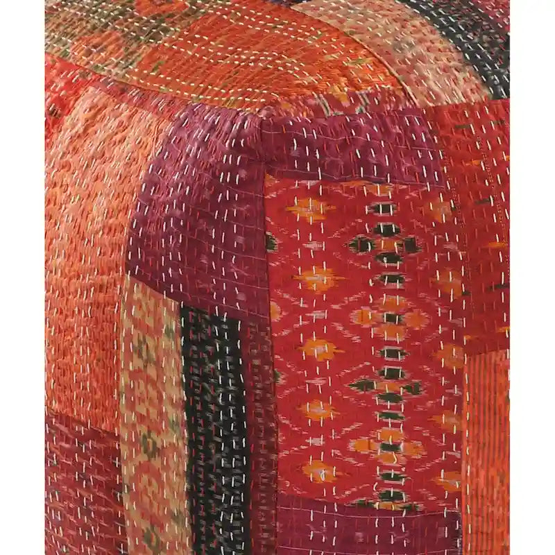 24  Square Red Pouf Ottoman with Cotton Blend Upholstery and Modern Patchwork Design Great for Footrest